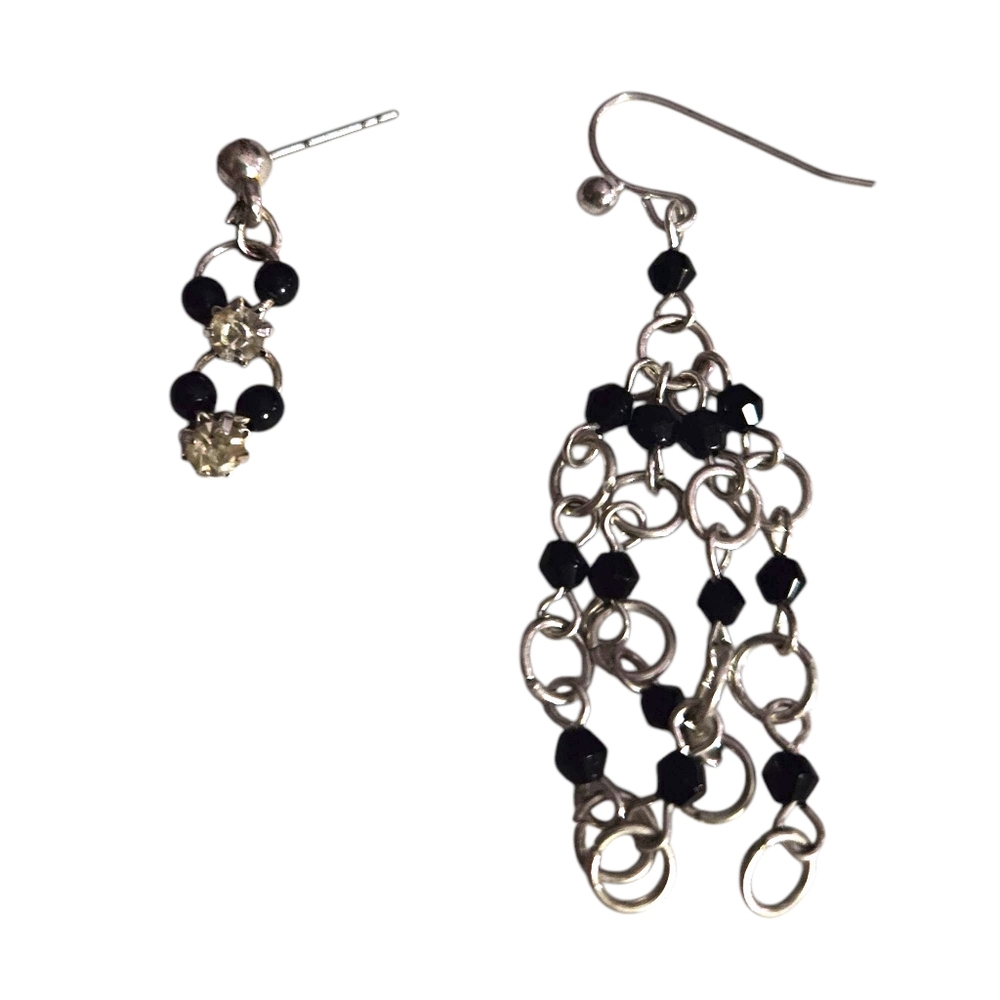 Asymmetrical Dangle Earrings Set Black Silver Mis-Matched Pair